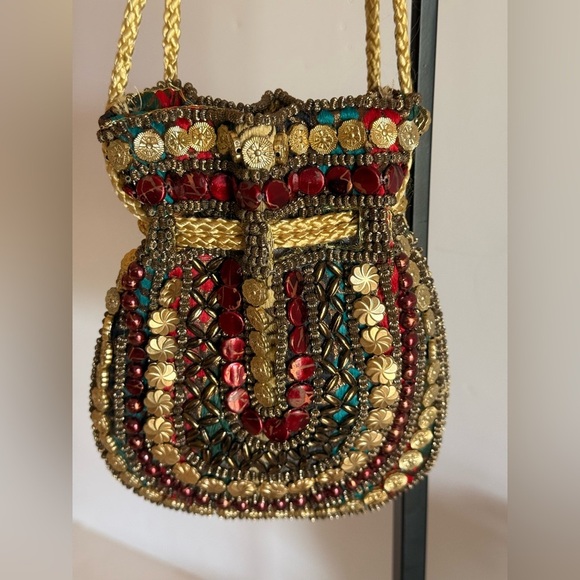 Bohemian Beaded Vibrant Red And Gold Drawstring Closure Small Unique Bag - Picture 3 of 10